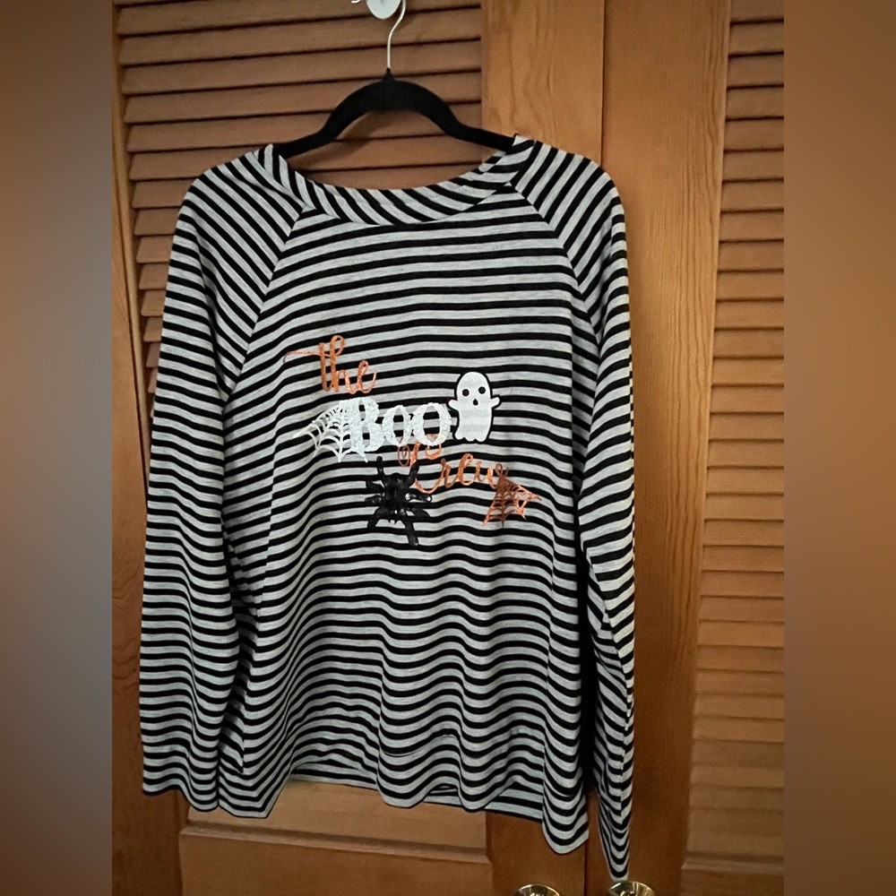 Feeling Festive boo crew black and gray striped long sleeve shirt size xl